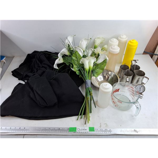 Aprons, Artificial Flowers, Metal Bowl, Freezer Thermometer, Measuring Pitcher, Condiment Bottles