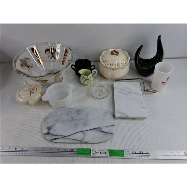 Glass Bowl, Ceramic Pot w/Lid, Art Ceramic Planter, Milk Glass Cup, Cutting Board, Misc