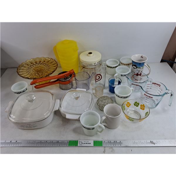 Footed Glass Cake Dish, Casserole Dishes, Pyrex Pitchers, Cookie Jar, Glass Frog, Milk Glass Cups