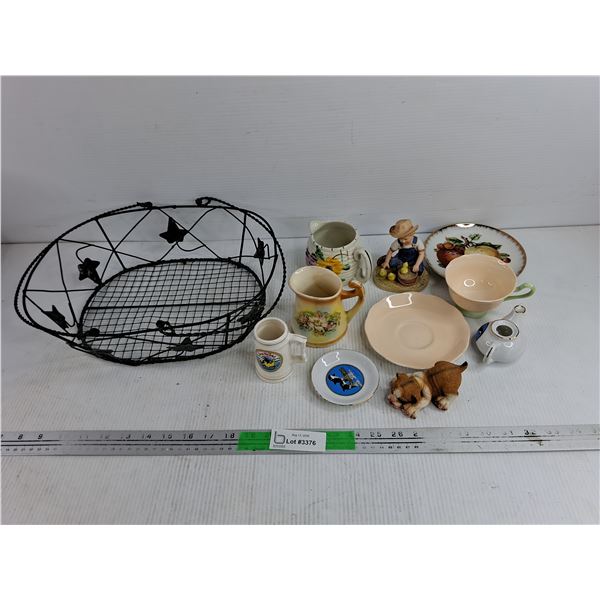 Tea Cup & Saucer, Wire Basket, Ceramic Creamers & Ornaments