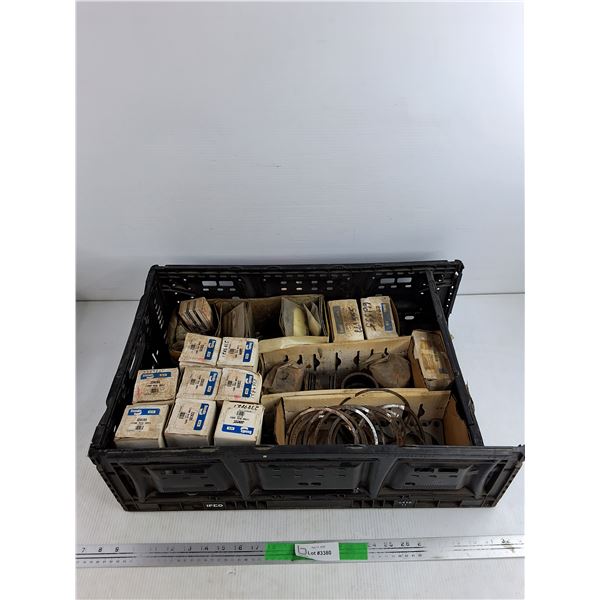 Plastic Crate & Assorted Engine Components - Piston Rings, Pistons, Connector Rod Servo, Misc
