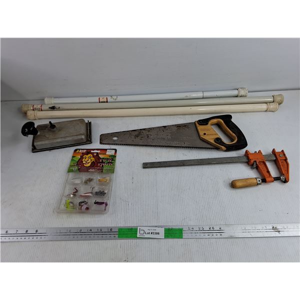 Shower Curtain Rods, Stanley Hand Saw, Fishing Lures, Bar Clamp, Sanding Block