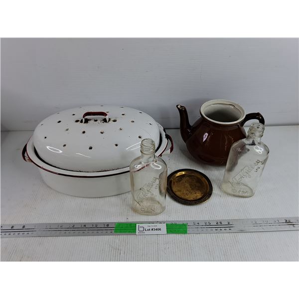 Brass Plate, Vintage Gin Glass Bottle, Ceramic Tea Pot & Enamel Roaster w/Lid