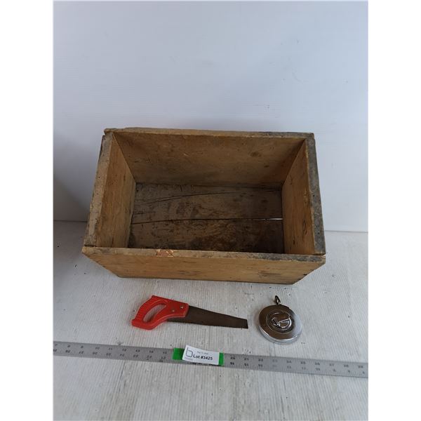 Wooden Box 16.5"x10.5"x9.5", Metal Measuring Tape, Small Hand Saw 6.5" Blade
