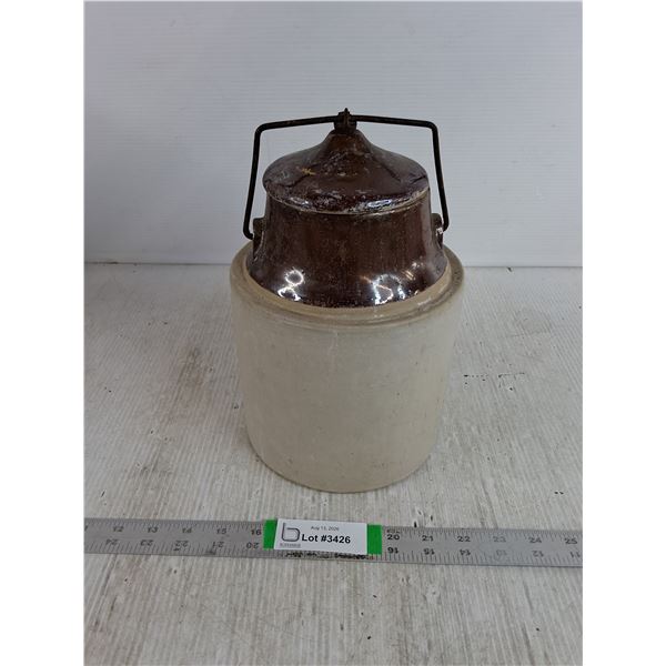 Two Tone Bail Wire Lidded Stoneware Pickle Crock 11"