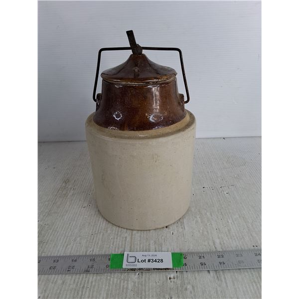 Two Tone Bail Wire Lidded Stoneware Pickle Crock 11"