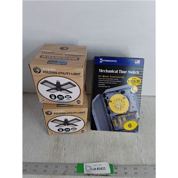 (2) Four Panel Folding Utility Lights, Mechanical Time Switch All Appear NIB