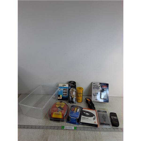 A/V Cable, Flat Aux Cable, Slim USB 2.0 Four Port Pocket Hub, Dipole FM Antenna, Stereo Cable, Misc
