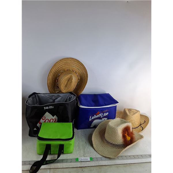 (3) Insulated Cooler Bags Up To 12"x11"x10", (3) Wooven Hats Up To 15.5"