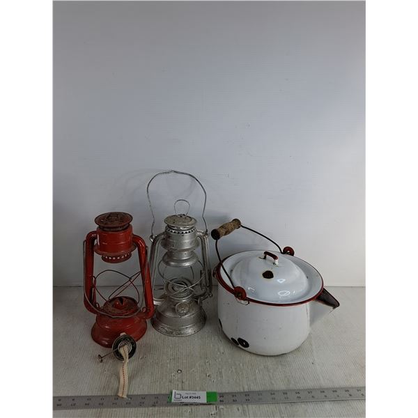 (2) Barn Lanterns 12", Vintage Enamel Pot 10" Diameter As Is