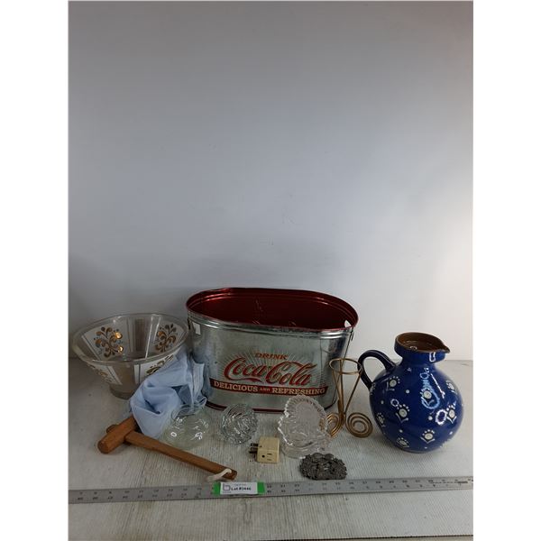 Coca-Cola Metal Bucket 16"x9.5", Ceramic Pitcher 10", Candle Holders, Belt Buckle, Misc