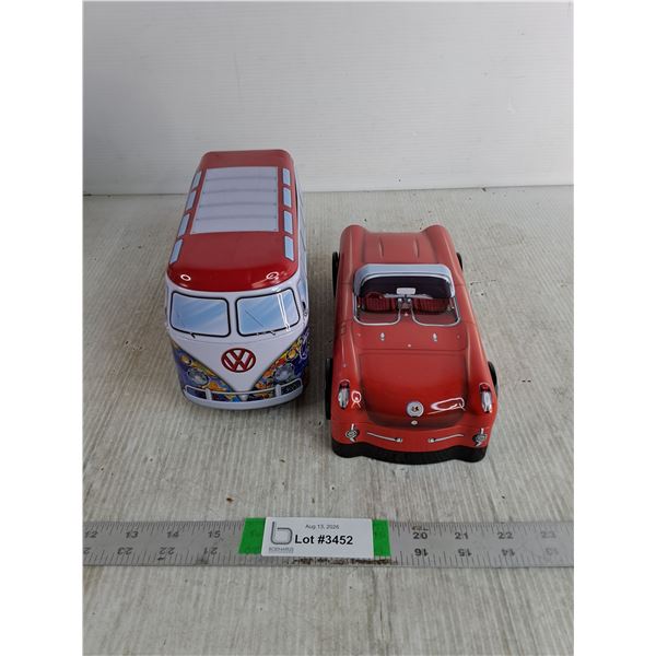 (2) Vehicle Themed Tin Storage Boxes Up To 10"x4"x5"