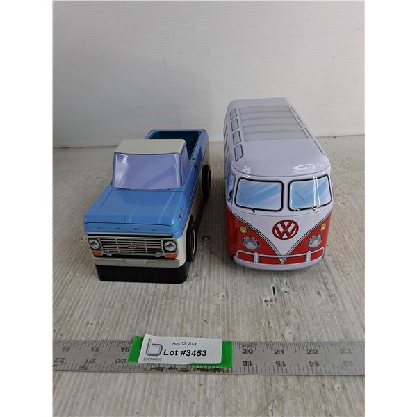 (2) Vehicle Themed Tin Storage Boxes Up To 10"x4"x5"- Ford Truck, Camper Van