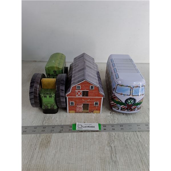 (3) Mostly Vehicle Themed Tin Storage Boxes Up To 10"x4"x5"- Barn, Farm Truck, And Camper Van