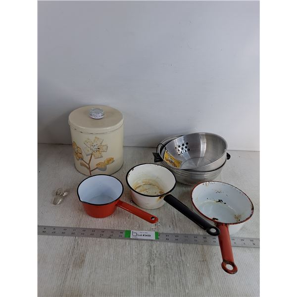 (3) Small Sauce Pans Up To 6.5" Diameter, Metal Bowl With Aluminum Basket Inset, Blue Magic Krispy K