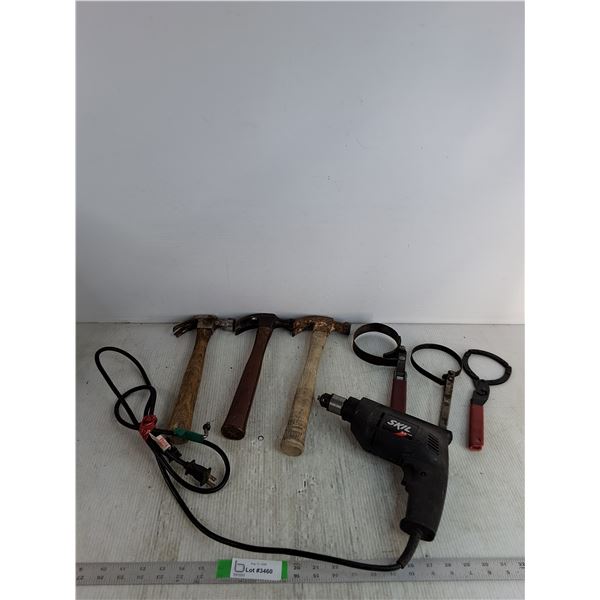 (3) Oil Filter Wrenches, (3) Hammers, Skil Electric Drill Powers On