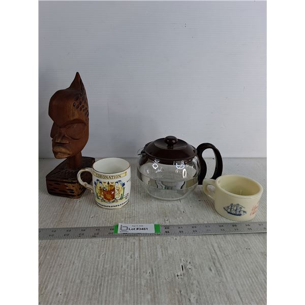 (2) Decorative Cups Up To 3.5", Glass Tea Pot 5", African Themed Wooden Craving