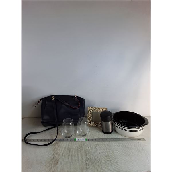 Women Purse 14"x9.5", (3) Glass Cups, Picture Frame 6.5"x6.5", Stoneware Oven Dish, Misc