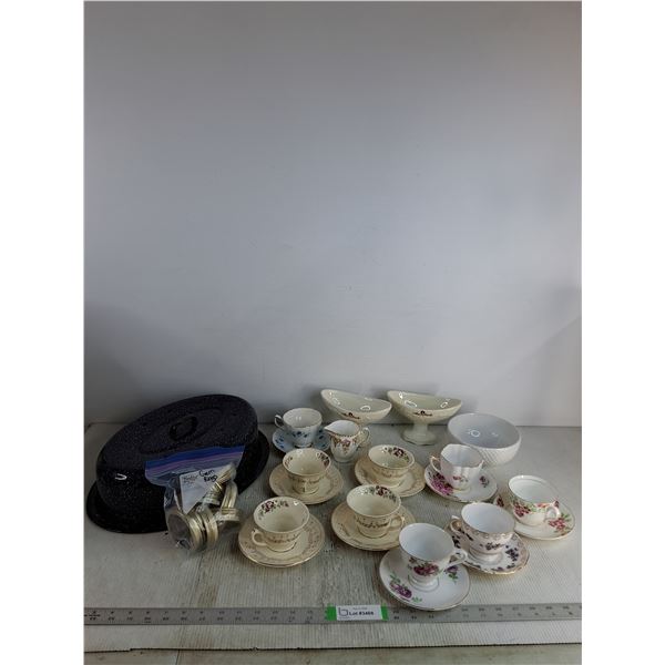 Mostly Bone China Tea Cups And Saucers, Jar Rings, Oven Roaster Lid