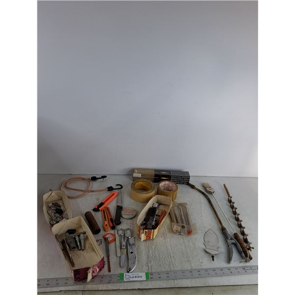 Exacto Knives, Matches, Tape, Wood Auger Bid, Misc
