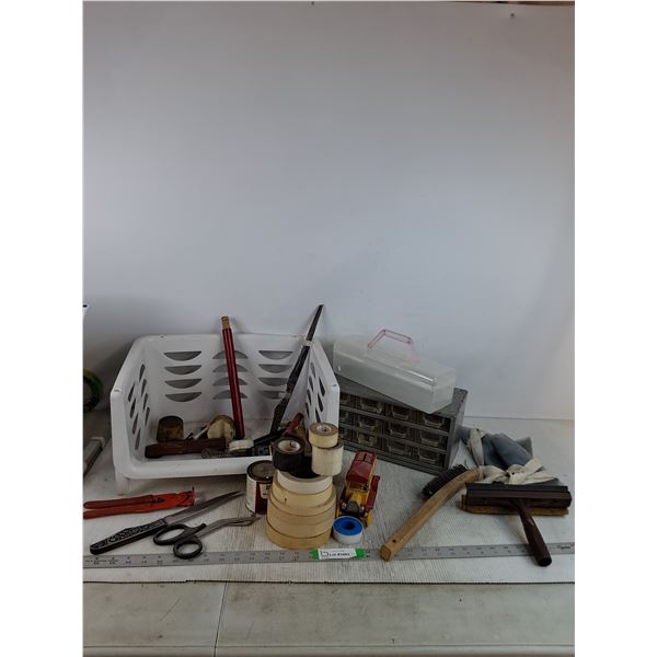 Tool Organizer With Contents, Tape, Knives, Wire Brush, Car Model, Misc