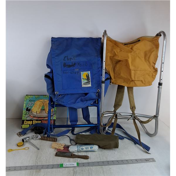 (2) External Frame Hiking Backpacks Up To 25", Camp Stove Toaster, Bottle Opener, Nylon Braided Cord