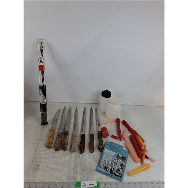 Knives, Auger Bit, Clothes Pins, Candles, (2) Water Bottles