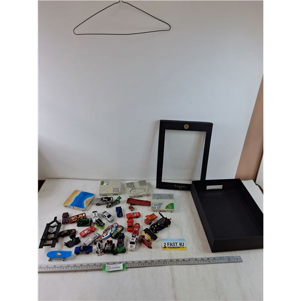 Assorted Small toy Cars, Lego Batman McDonald's Toy, Hot Wheels, Scooter, Skateboard, Misc