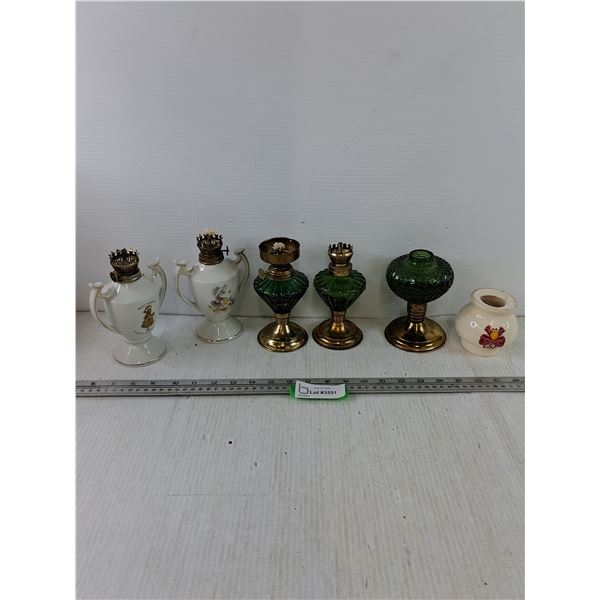 (4) Kerosene Lamps, (1) Without Burner, (1) Small Vase