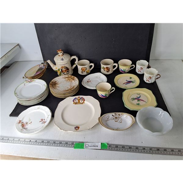 Iridescent Candy Dish, Raccoon Teapot & Cups, Dessert Plates, Misc.