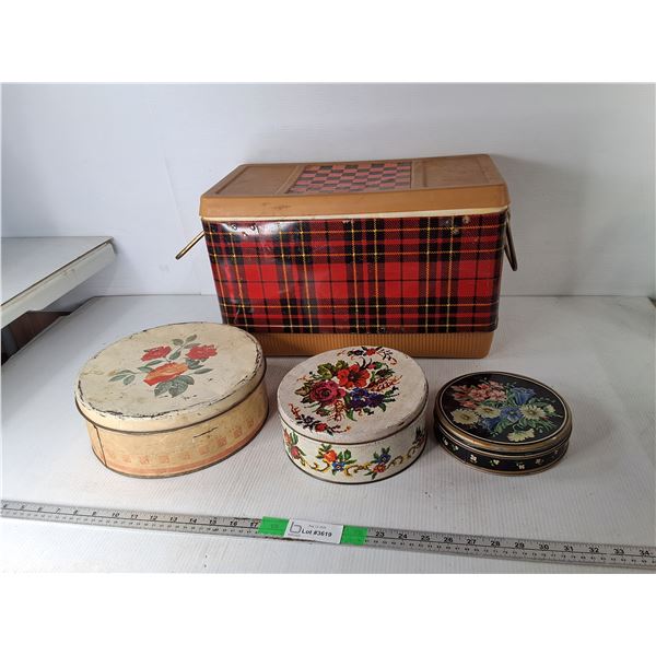 Vintage Tins & Plastic Cooler with Plaid Print 18.5" x 9.5" x 11.75"- Can't Ship