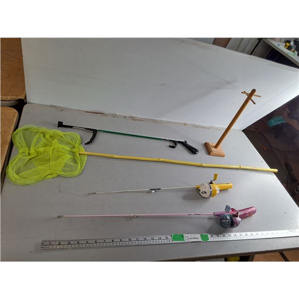 Fishing Net 49", (2) Children's Fishing Rods, Grabbing Tool, Misc. Can't Ship