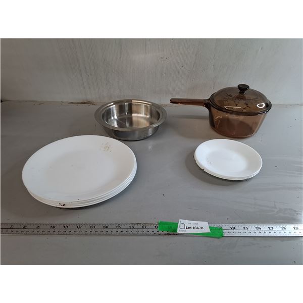 Corelle Plates, Glass Pot, Dog Dish