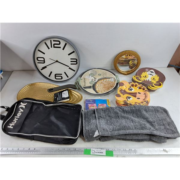 Quartz Wall Clock, Single Use Plates, Towel, Framed Mirror, Pancake Pan, Misc