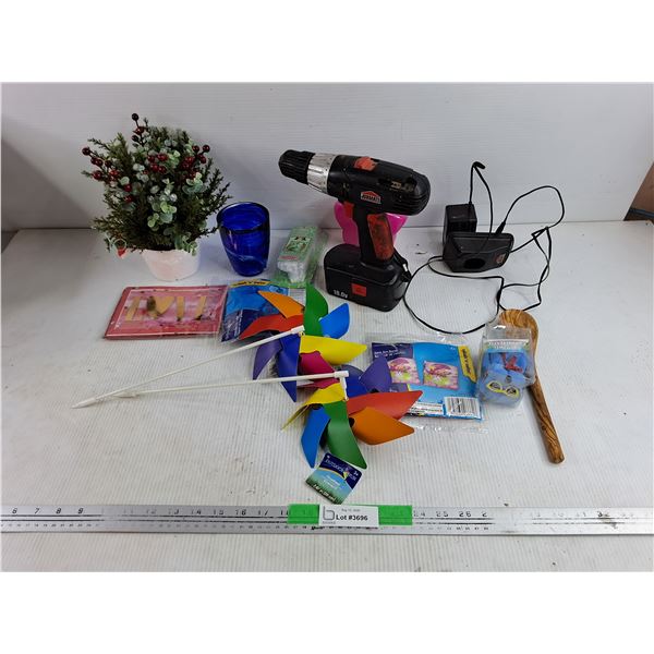 Artificial Plant, Jobmate 18V Cordless Drill, As Is, Pinwheel, Swim Arm Bands, Wooden Spoon, Misc