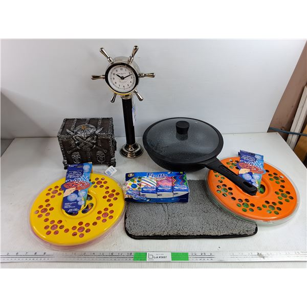 Bubble Flying Disc, Frying Pan w/Lid, Aquatic Decor, Daniel Watch Co Table Clock, Tissues, Misc