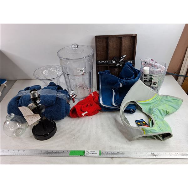 Beverage Dispenser, Table Lamp, Pet Cooling Vest, Towel, Scalloped Containers, Misc