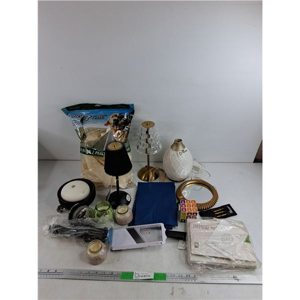 Dog Chew, Scented Candles, Portable LED Lamps, Framed Mirror, Diffuser, Essential Oils, Misc