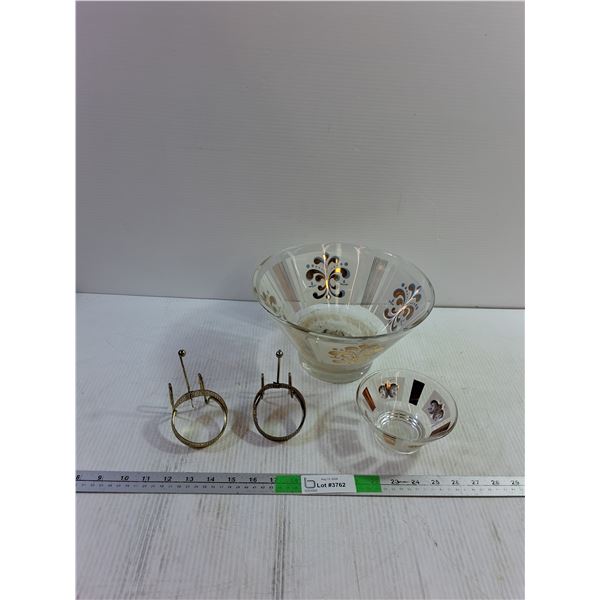 (2) Glass Bowls with Gold Floral Details, Misc