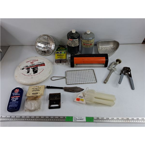 Propane Tanks, Frisbee, Fire Sticks, Headlamp, Can Opener, Plastic Cutlery, Misc