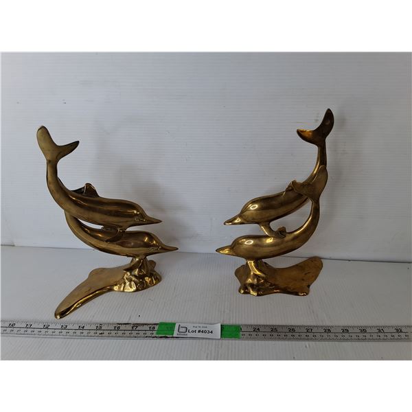 (2) Brass Dolphin Figurines 12" Tall