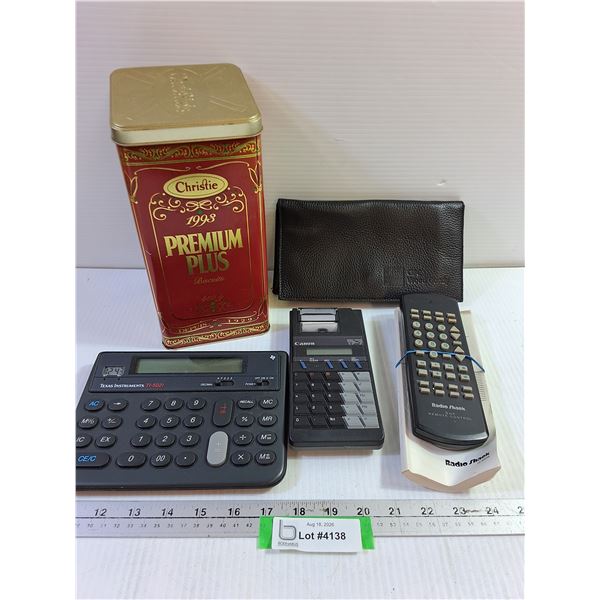 Calculators (2), Radio Shack Remote, Tin, Leather Folder