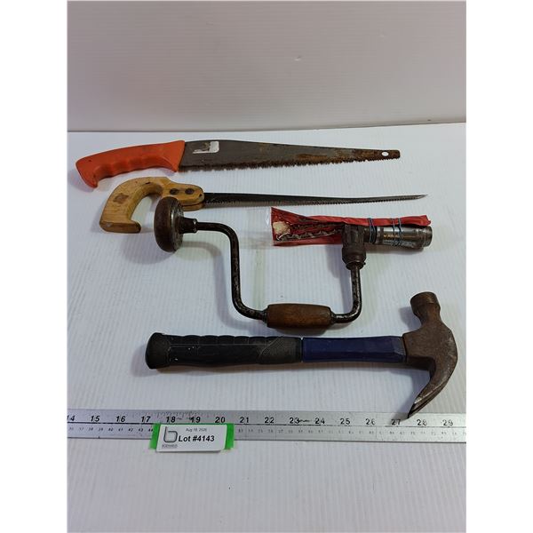 Drill Brace w/ Bits, Saws (2), Hammer