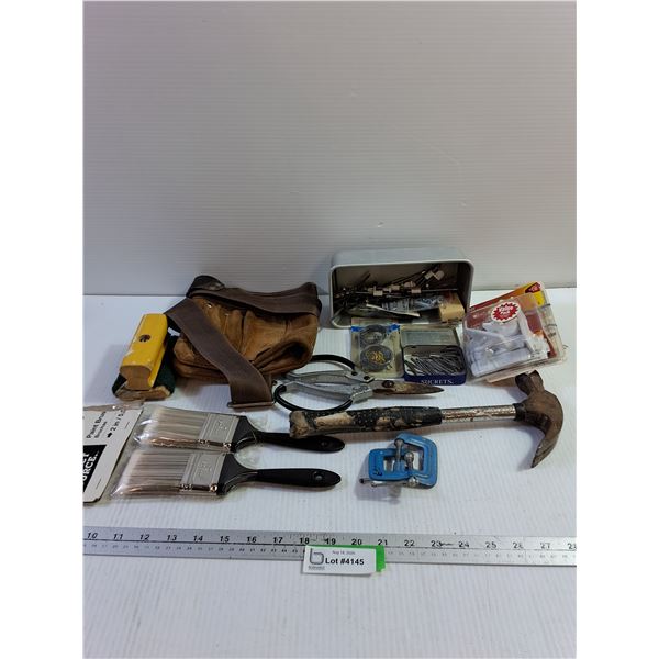 Assorted Nails/Screws, Hammer, Scissors, Toolbag, Misc