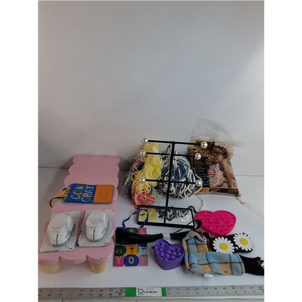 Monitor Stand, Various Rolls of Yarn, Red Desert Sand, Misc