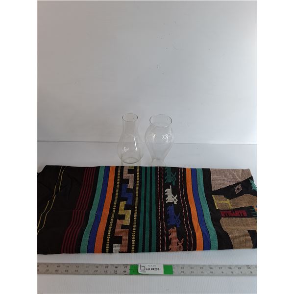 Guatemalan Blanket 68"x62", (2) Oil Lamp Chimneys