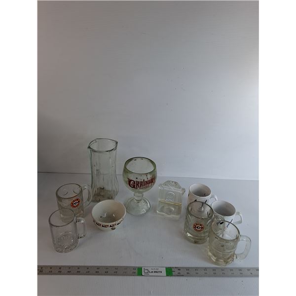 (4) Glass Mugs, (2) Ceramic Mugs, Glass Vase, Ceramic Bowl