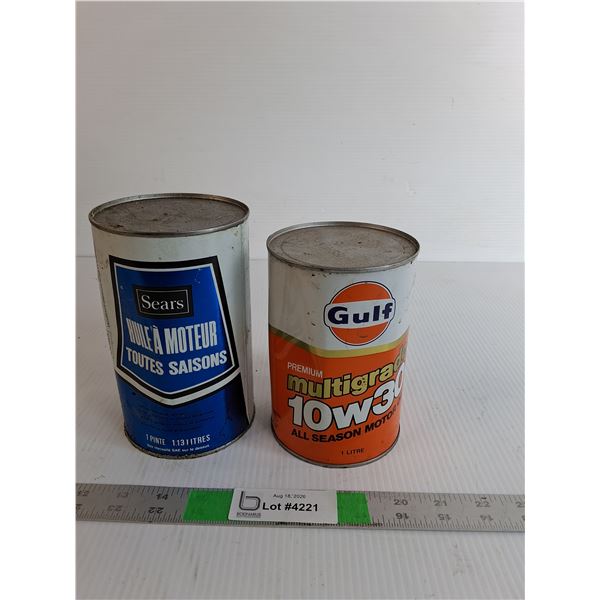 (2) Cans Motor Oil, Sears, Gulf, Pickup Only