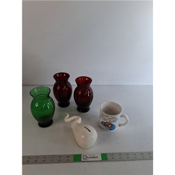 (3) Glass Vases, Coin Bank, Mug
