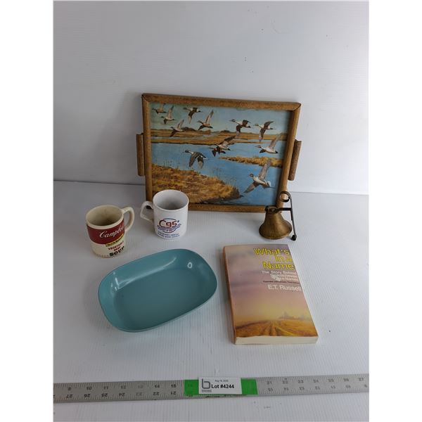 (2) Mugs, Flying Ducks Picture Frame 14"x11", Plastic Bowl, Bell, What's In A Name Book